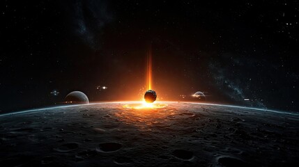 Poster - Asteroid impact idea. Spectacular view of a celestial event with planets and a glowing sun on the horizon.