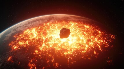 Poster - Asteroid impact idea. An asteroid approaching a fiery planet, illustrating cosmic destruction and impact.