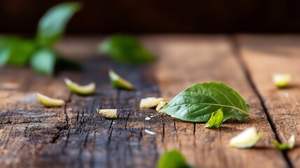 Aufkleber - Fresh basil leaves scattered on rustic wooden surface highlighting natural beauty : Generative AI