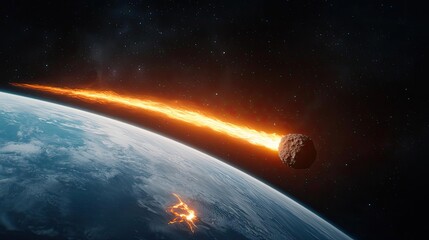 Poster - Asteroid impact idea. A fiery asteroid descends toward Earth, showcasing the beauty and danger of outer space.