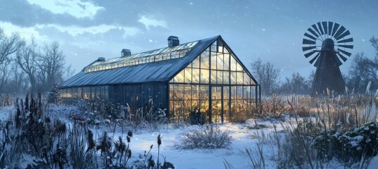 Poster - Winter greenhouse with windmill.