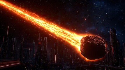 Poster - Asteroid impact idea. A stunning visualization of a fiery meteor streaking through a cosmic landscape.