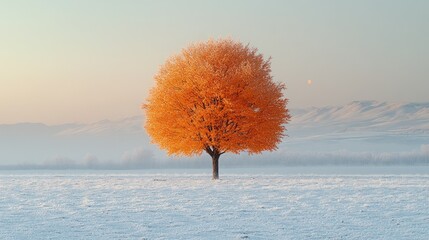 Canvas Print - Solitary orange tree, snowy field, misty mountains, sunrise