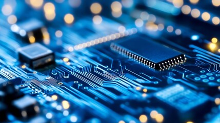 Fototapete - Close up view of detailed electronic circuit board with components and blue light for technology themes : Generative AI