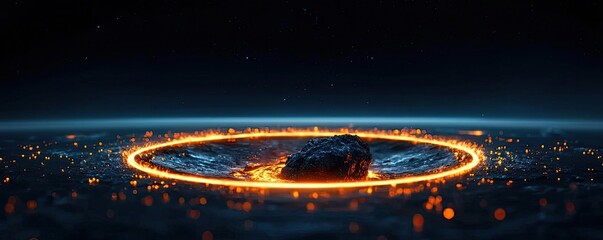Poster - Asteroid impact idea. Stunning view of a planetary object surrounded by glowing energy rings in space.