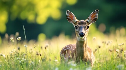 Poster - Curious Young Fawn in a Serene Meadow Surrounded by Lush Greenery and Blossoming Wildflowers : Generative AI