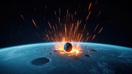 Poster - Asteroid impact idea. A dramatic view of an asteroid impacting a planet, creating explosive energy and debris.