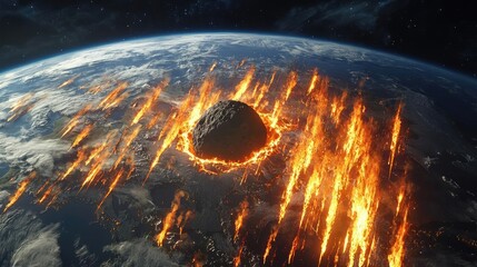 Poster - Asteroid impact idea. A dramatic illustration of an asteroid colliding with Earth, showcasing fiery impact.