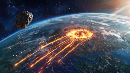 Poster - Asteroid impact idea. A stunning view of an asteroid entering Earth's atmosphere, creating fiery trails.