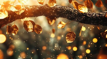 Aufkleber - Glimmering Golden Leaves on Branch with Sparkling Background Light