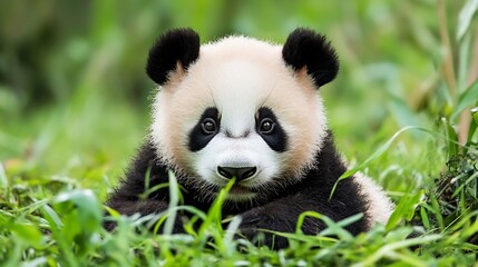 Poster - Adorable panda cub resting in lush green grass capturing the essence of wildlife and conservation : Generative AI