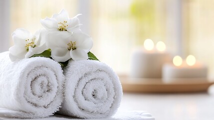 Aufkleber - Relaxing spa arrangement featuring rolled towels and decorative flowers creating a calm atmosphere : Generative AI