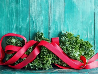 Wall Mural - Pink resistance band and fresh kale on teal wood background.