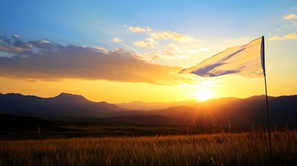 Poster - Vibrant Sunset with White Flag Billowing in a Beautiful Rural Landscape : Generative AI