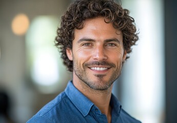 A portrait of an attractive man in his late thirties with curly hair , smiling confidently at the camera.