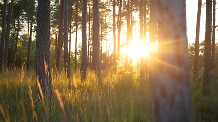 Aufkleber - Golden sunlight streaming through tall trees in a serene forest creating a magical and calming atmosphere : Generative AI