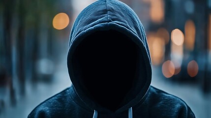 Aufkleber - Mysterious hooded figure in dark urban setting with blurred city lights in the background creating a sense of intrigue : Generative AI