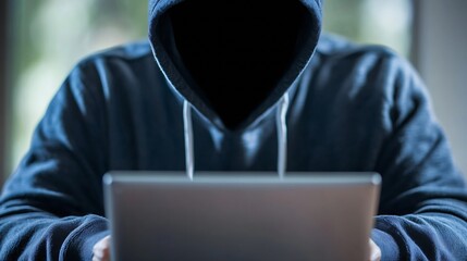 Leinwandbilder - Hooded figure sitting in front of a laptop in a dimly lit room representing anonymity and digital security concerns : Generative AI
