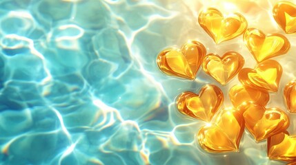 Poster - Golden Hearts Floating in Sparkling Blue Water Reflection