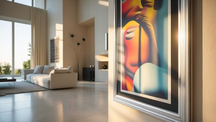 Poster - modern interior showcasing vibrant artwork in a sunlit living room with minimalist design