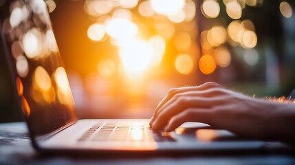 Poster - Person typing on laptop during sunset with bokeh effect creating a warm atmosphere : Generative AI