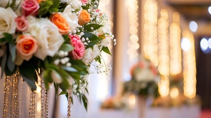 Aufkleber - Elegant floral arrangement with roses and greenery illuminated by soft fairy lights : Generative AI