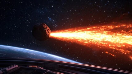 Poster - Asteroid impact idea. A stunning view of an asteroid hurtling through space, emitting fiery trails towards Earth.