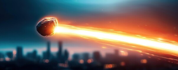 Poster - Asteroid impact concept. A meteor streaking through the night sky above a city skyline.