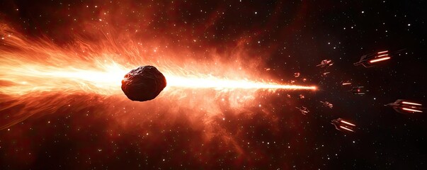 Poster - Asteroid impact idea. A vibrant depiction of an asteroid hurtling through space with fiery trails.