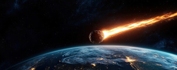 Poster - Asteroid impact idea. A dramatic view of an asteroid approaching Earth in a cosmic setting.