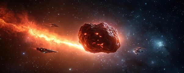 Poster - Asteroid impact idea. A stunning image of an asteroid hurtling through space, surrounded by cosmic elements.