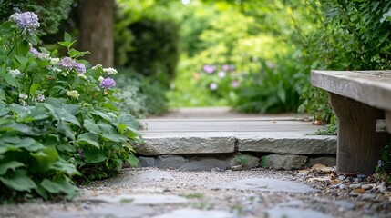 Poster - Peaceful garden pathway lined with lush greenery and colorful flowers in spring season : Generative AI