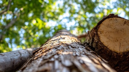 Aufkleber - Close up view of a tall tree trunk reaching towards a bright sky in a lush forest : Generative AI