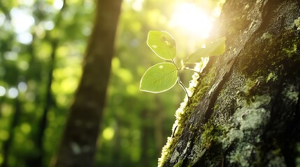 Poster - New green leaves shimmering under sunlight on an ancient tree trunk in a vibrant forest : Generative AI