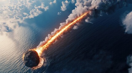 Poster - Asteroid impact idea. A dramatic view of a fiery meteor entering the Earth's atmosphere over the ocean.