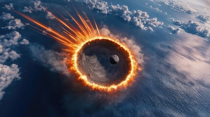 Poster - Asteroid impact idea. A dramatic meteor impact with fiery trails above the ocean and a cloud-filled sky.
