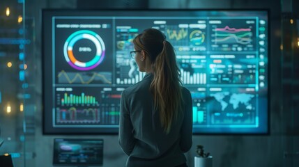 Leinwandbilder - A person with long hair and glasses examines digital dashboards displaying various data visualizations in a sleek office setting during the evening.