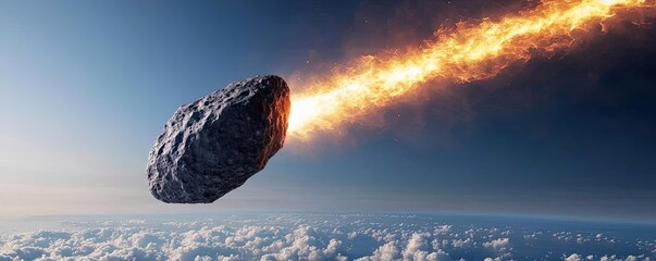 Poster - Asteroid impact concept. A dramatic image of a meteor soaring through the atmosphere, leaving a fiery trail.