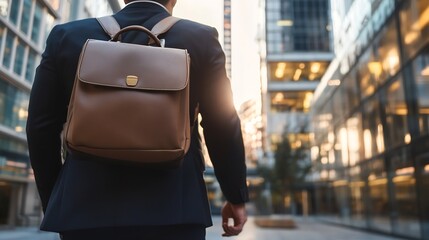 Poster - Business Professional Walking Through Modern City Streets Carrying Brown Backpack at Sunset : Generative AI