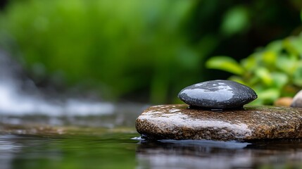 Poster - Serene and Tranquil Stone on the Edge of a Calm Water Surface Surrounded by Lush Greenery : Generative AI