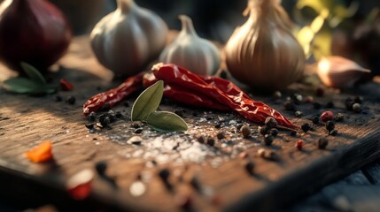 Wall Mural - Rustic arrangement of garlic and dried chili peppers on wooden board