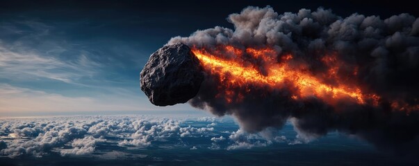 Poster - Asteroid impact concept. Dramatic view of an asteroid entering the Earth's atmosphere with fiery trails.