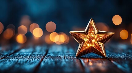 Aufkleber - Shiny Gold Star Decoration with Blurred Background and Warm Lights