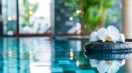 Poster - Tranquil Spa Setting with Orchid and Towels on Stone Beside Reflective Pool Water : Generative AI