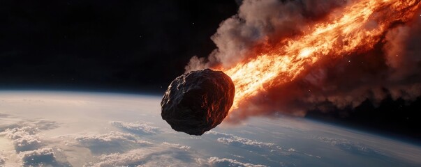 Poster - Asteroid impact concept. An asteroid hurtles towards Earth, igniting in a fiery blaze as it enters the atmosphere.