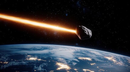 Poster - Asteroid impact idea. A dramatic asteroid approaching Earth, highlighted by a fiery beam in the vast space.