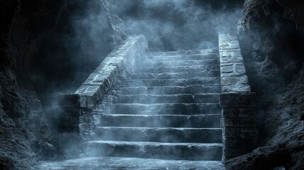 Poster - A steep stairway leading downward into the depths of a mysterious dark cave