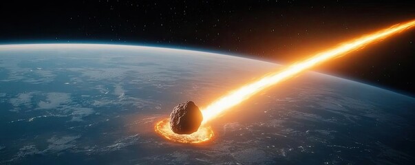 Poster - Asteroid impact idea. An asteroid plunges toward Earth, emitting a fiery trail through space.