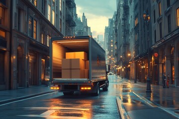 Wall Mural - Courier unloads large package from truck in bustling city street. Generative AI