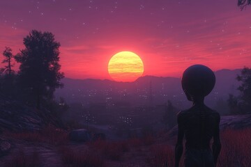 Wall Mural - Alien figure gazes at a vibrant sunset over a distant town in a surreal landscape